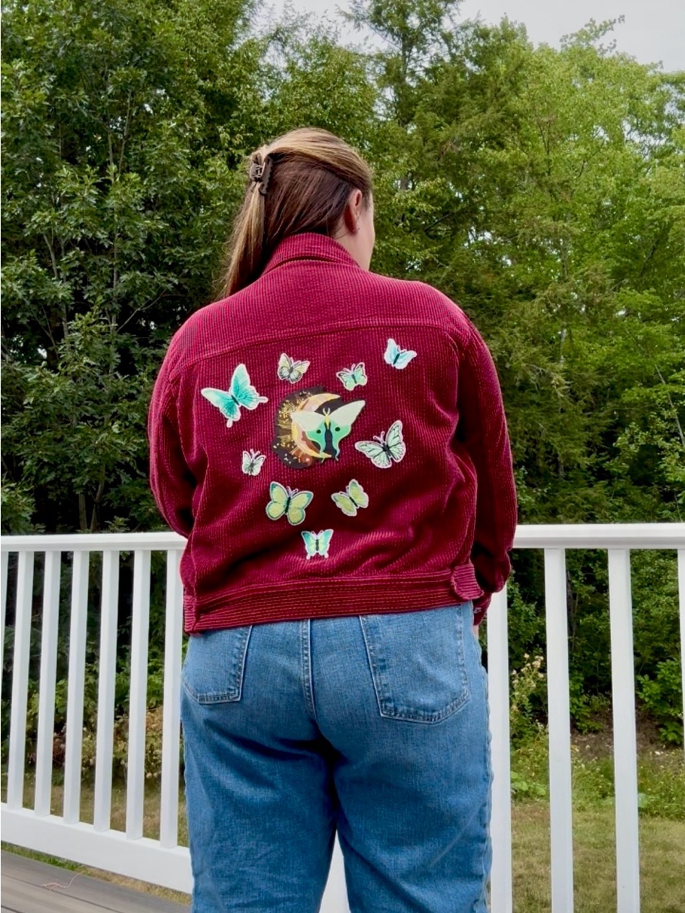 OOAK Vintage Corduroy Butterfly Embroidered Jean Jacket - Berry